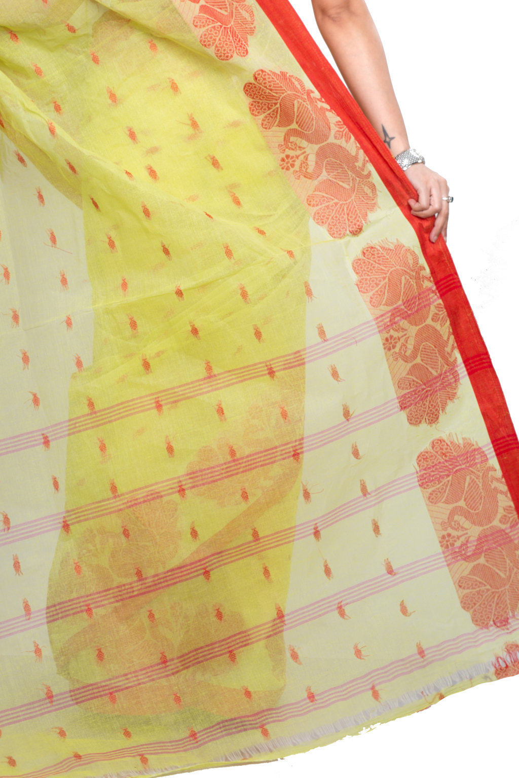 Light Green Pure Cotton MOYUR PAR Tant Saree (900)